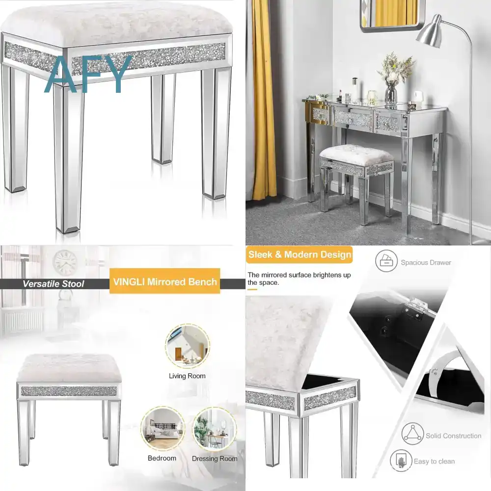 Muji Home Storage - Upholstered Velvet Mirror Dressing Stool Bench